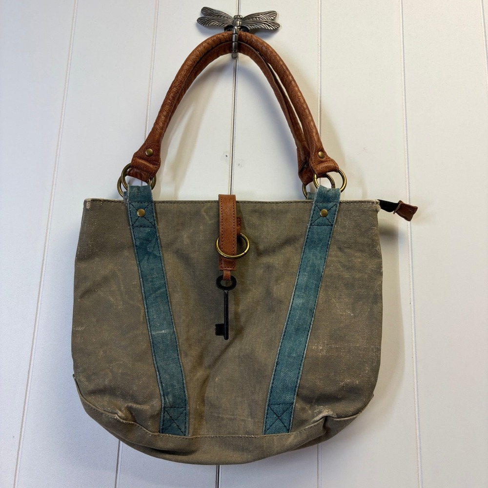 Mona B Boho Key Canvas Tote Bag Womens Medium Khaki Distressed Hipster Steampunk